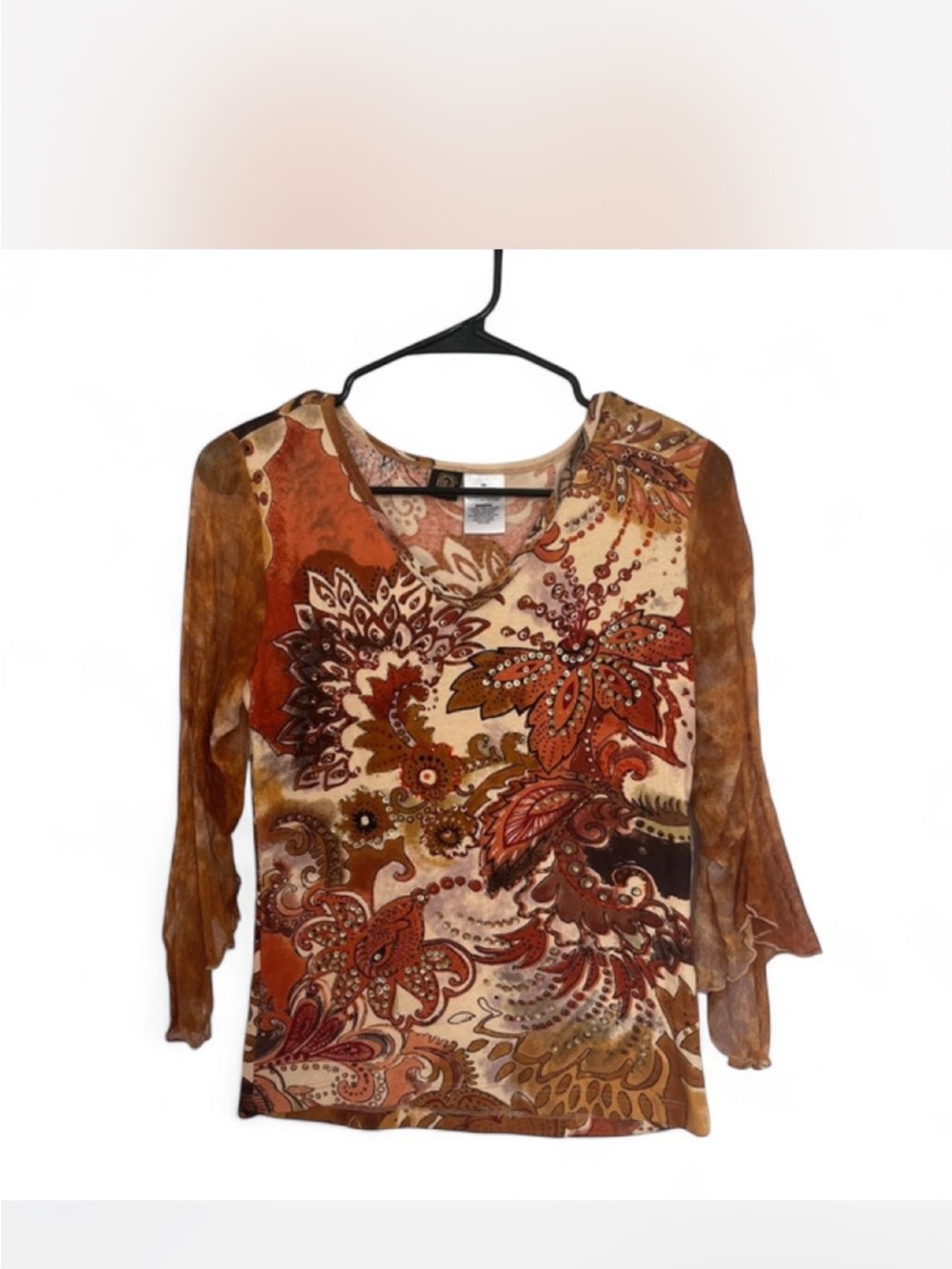 Bila Paisley V-Neck Top in Rust, Cream & Brown , Mesh bell sleeves